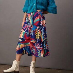 Farm Rio x Anthropologie Fatima Tiered Parrot Midi Skirt Size L